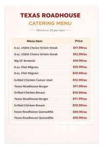 Texas Roadhouse catering menu card