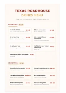 Texas Roadhouse drinks menu card